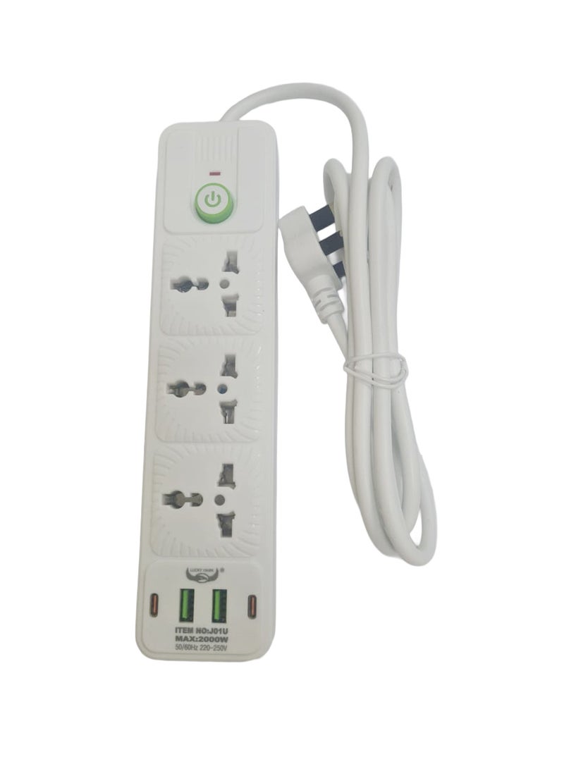 Lucky Hawk شريط تمديد الطاقة مع USB C و Micro USB، 3 منافذ 3 دبابيس، 2 منفذ PD Type-C و 2 منفذ Micro USB، 2500 واط، شريط طاقة مقاوم للاشتعال حتى 750°C مع مفتاح، سلك تمديد بطول 2 متر، محطة شحن مثبتة على الحائط باللون الأبيض - Image 1